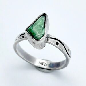 925 PB Green Quartz Sterling Silver Ring - Southwestern Etched Style Ring